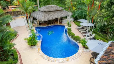 an overhead view of a swimming pool in a resort at Harmon Estate 6 bdrs private pool in Los Suenos in Herradura