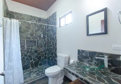 a bathroom with a toilet and a glass sink at Green Habitat in Monteverde Costa Rica