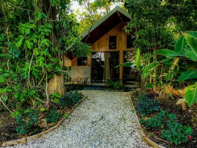 a house with a pathway leading to the front door at Tityra Lodge in Monteverde Costa Rica