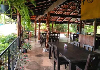 a restaurant with wooden tables and chairs and plants at Restaurante y cabinas Sudy in Carara