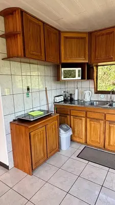 a kitchen with wooden cabinets and a sink at La Casa Bonita in Monteverde Costa Rica