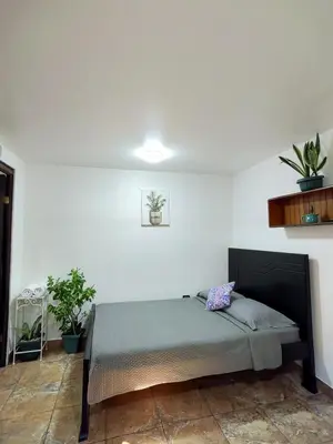 a bed in a white room with plants on the wall at Casa Victoria in Puntarenas