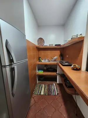 a small kitchen with a refrigerator and a counter at Villas Pura Vibra in Potrero