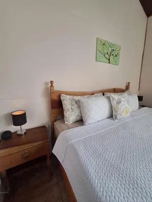 a bedroom with a bed and a table with a lamp at Monteverde Cecropia Paradise in Monteverde Costa Rica