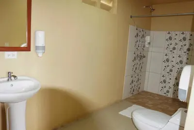 a bathroom with a sink and a shower and a toilet at Hotel Heliconia Los Chiles in Los Chiles