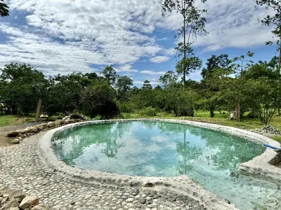 a pool with blue water in a yard at Casa Lajas - Casa 1 - Hospedaje, Granja y Turismo Rural in Turrialba