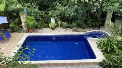 a blue swimming pool in a garden with plants at La Posada Jungle Hotel in Manuel Antonio