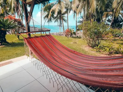 a hammock in a resort with the ocean in the background at The Jaguars Jungle Rainforest Lodge - All meals included in San Pedrillo