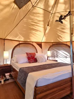 a bedroom with a bed in a tent at The Jaguars Jungle Rainforest Lodge - All meals included in San Pedrillo