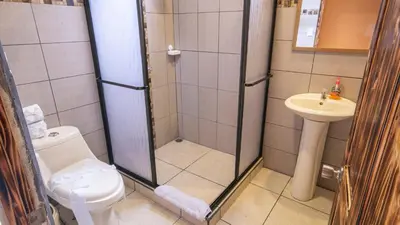 a bathroom with a shower and a toilet and a sink at Cabañas Río Escondido en La Fortuna in Fortuna