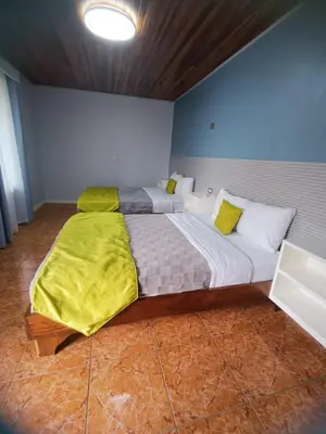 a bedroom with a large bed with yellow sheets at Arenal Poshpacker Boutique Urban Tropical Hotel in Fortuna