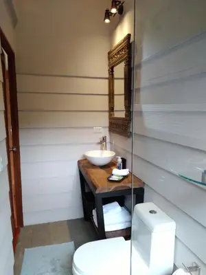 a bathroom with a sink and a mirror and a toilet at Olingo Monteverde - Stunning Home Near Adventure Parks in Monteverde Costa Rica
