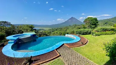a swimming pool with a mountain in the background at Serenity House Panoramic Views And Swimming Pool, in El Castillo de la Fortuna