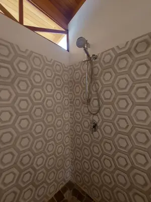 a bathroom with a shower in a room with a wall at Ibiza Tropical Beach Villas in Uvita
