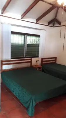 a large green bed in a room with two windows at Iguana Libre in Dominical
