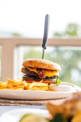a sandwich and french fries on a plate with a knife at Layan Hotel & Spa in Manuel Antonio