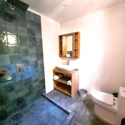 a bathroom with a toilet and a sink and a shower at La Sana Surf Hotel, Playa Carmen in Santa Teresa Beach