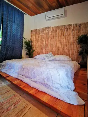 a large bed in a bedroom with blue curtains at Villa Cocos la Fortuna in Fortuna