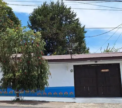 a garage with a black garage door and a tree at Casa Irazú in Cartago