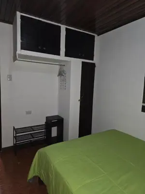 a bedroom with a green bed and black cabinets at Casa Irazú in Cartago