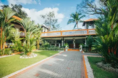 a house with palm trees and a walkway at Hotel Villabosque Eco Boutique in Manuel Antonio