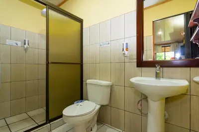 a bathroom with a toilet and a sink and a mirror at Hotel Arte Natura in Fortuna