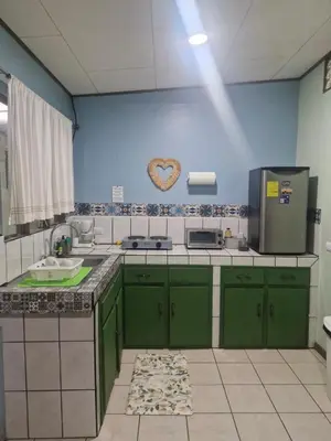 a kitchen with green cabinets and a blue wall at La Estancia Ideal Apartamentos in Fortuna