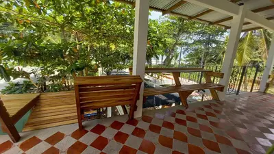 a porch with benches and a table and trees at Hotel Pura Natura Beachfront Tortuguero in Tortuguero