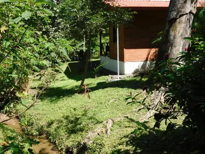 a yard with grass and a house with a tree at Villasjungle 2 in Sámara