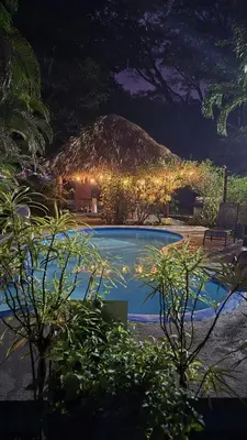 a swimming pool with a thatch roof with lights at Villasjungle 2 in Sámara