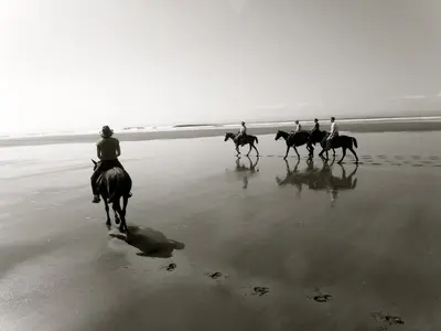 a group of people riding horses on the beach at Hotel Playa Bejuco in Esterillos Este