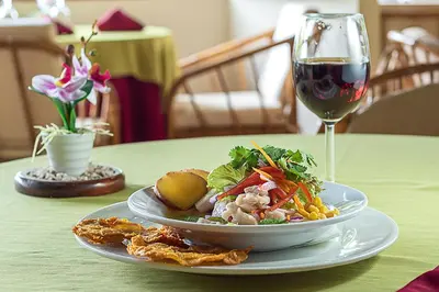 a plate of food on a table with a glass of wine at Hotel Playa Bejuco in Esterillos Este