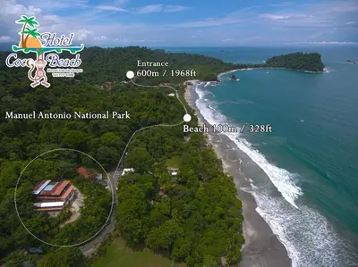 an aerial view of the beach and the ocean at Hotel Coco Beach in Manuel Antonio