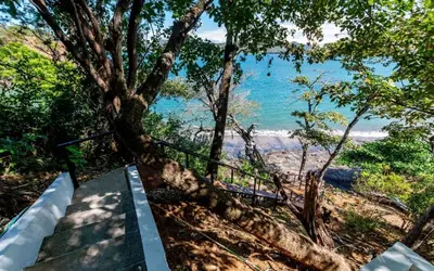 a staircase leading up to a tree with the ocean in the background at 5-BD Beachfront, Ocean-View Hillside Home in Playa Flamingo