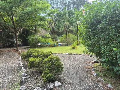 a garden with rocks and trees in a park at Villasjungle 3 in Sámara