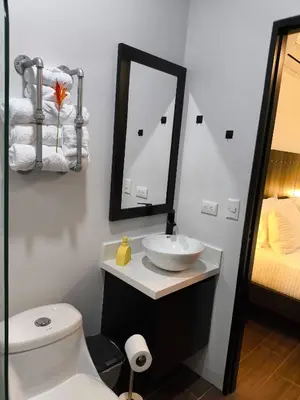 a bathroom with a white sink and a mirror at MADRE TERRA in Uvita
