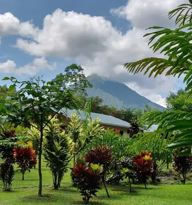 a mountain in the distance with trees and plants at Orquideas Boutique Hotel in Fortuna