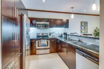a kitchen with wooden cabinets and stainless steel appliances at Luxury Oceanfront Stay, Two Master Suites, Walk to Town in Jacó