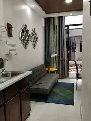 a living room with a couch in front of a kitchen at 935 Lodge San José in San José