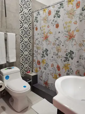 a bathroom with a toilet and a shower curtain at 935 Lodge San José in San José