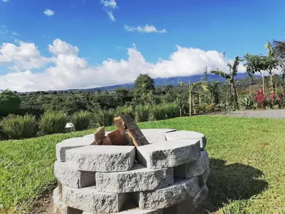 a statue of a dog sitting on a pile of rocks at Combi Bus Dreamcatcher in Sarchí