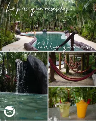 a collage of photos of a pool with a water park at Termales del Arenal in Fortuna