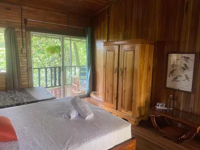 a bedroom with a bed and a large window at Birds & Breakfast Costa Rica in Fortuna