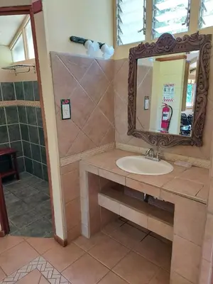 a bathroom with a sink and a mirror at Cabina Rancho la Merced in Uvita
