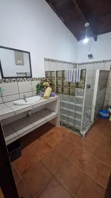 a bathroom with a sink and a shower at Villas jungle 5 in Sámara