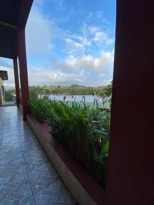 a view of the water from a resort with plants at Hotel Puerto San Luis in Tilarán