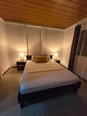 a bedroom with a large white bed with two lamps at Casa kattleya in Tortuguero