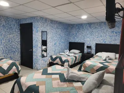 two beds in a room with blue wallpaper at Hotel Palmera Real Hot Springs in Fortuna