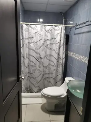 a bathroom with a shower curtain with a toilet and a sink at Hotel Palmera Real Hot Springs in Fortuna