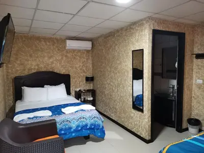 a bedroom with a bed and a mirror at Hotel Palmera Real Hot Springs in Fortuna